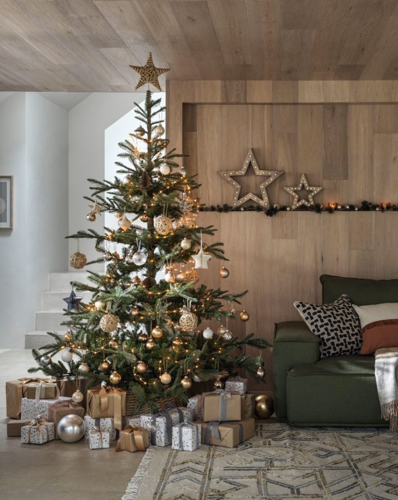 white natural Christmas decorations, baubles , tree, sofa living , natural contemporary modern