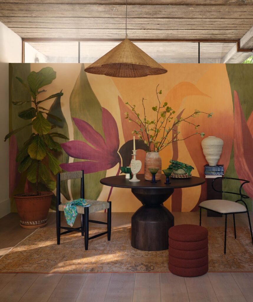 Interior Styling set design Rebecca de Boehmler. Dining room with colourful abstract wallpaper