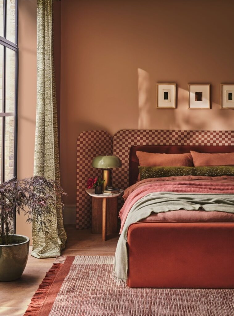 orange velvet bed checked terracotta fabric large curved headboard maple tree